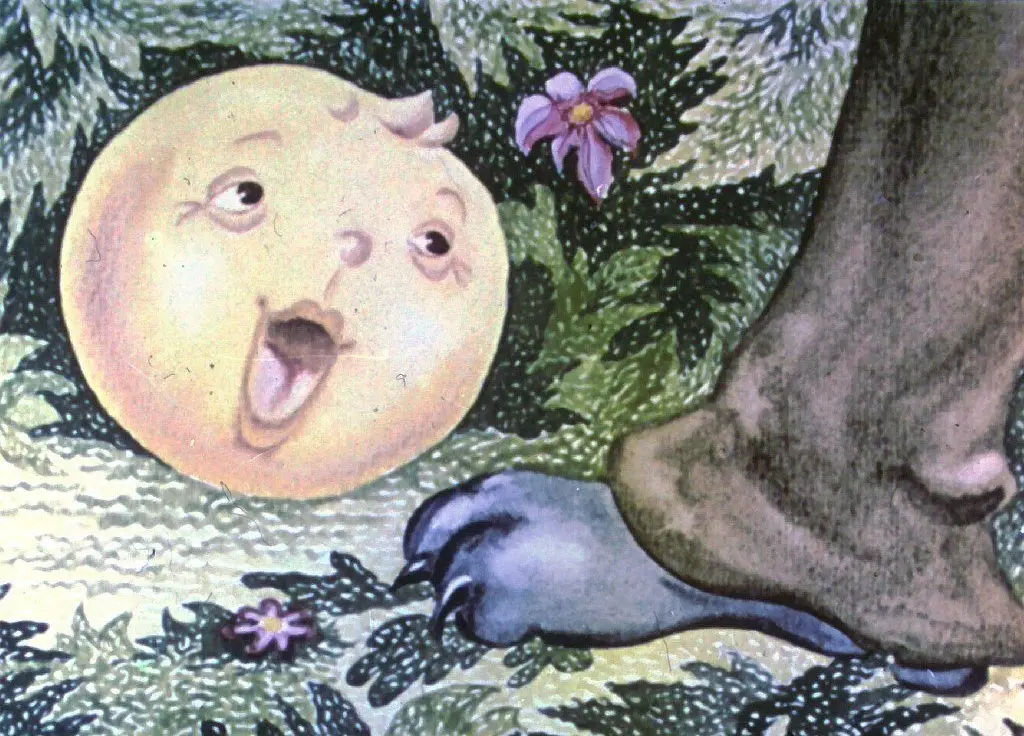 O ilustrație colorată care prezintă o față zâmbitoare pe o bilă galbenă, așezată pe o podea de vegetație, cu o floare în apropiere, alături de o picior de animal cu lăbuțe.