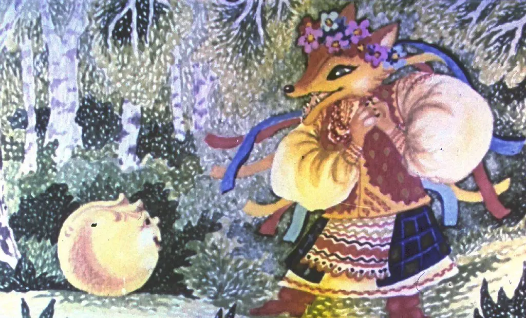 Ilustrație colorată cu o vulpe și un personaj uman îmbrăcat în costum tradițional, înconjurați de pomi și o minge rotundă în prim-plan.