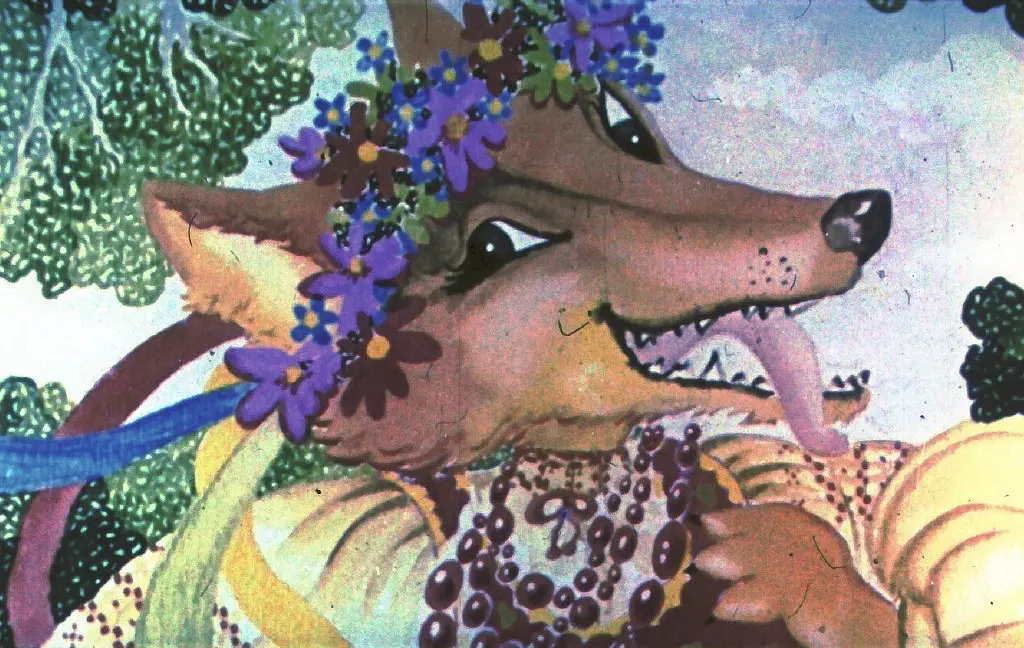 Desen colorat al unei vulpi purtând o coroană de flori, cu un colier de mărgele, zâmbind și cu limba scoasă.