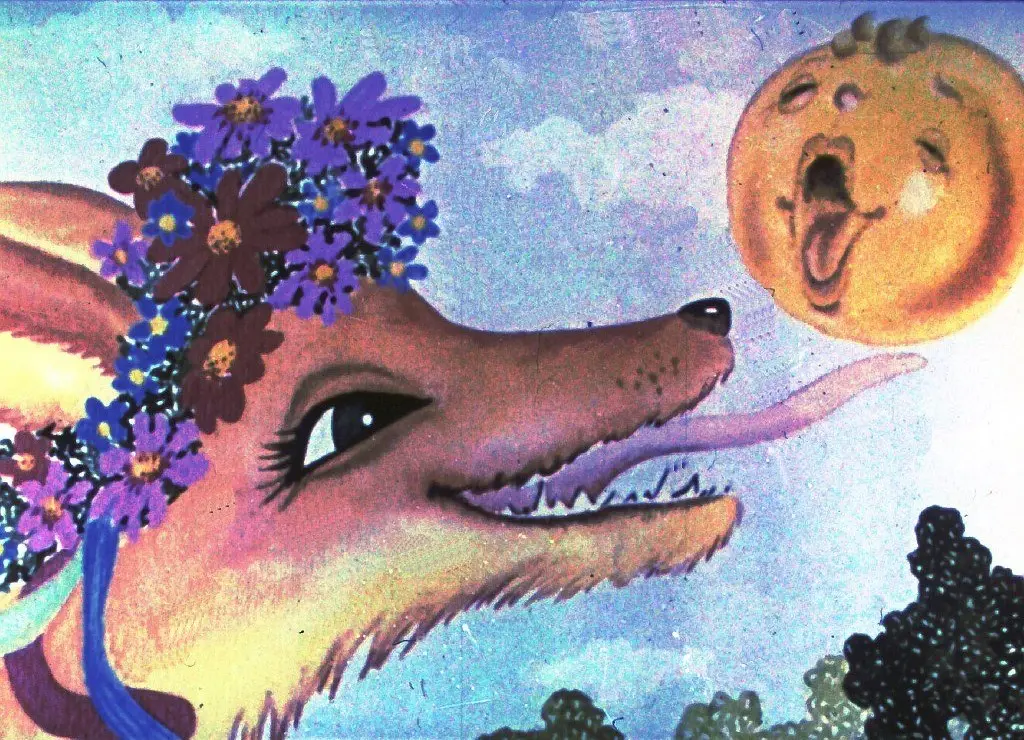 Ilustrație colorată cu un câine care poartă o coronă de flori și interacționează cu un soare zâmbitor pe fundal de cer albastru.