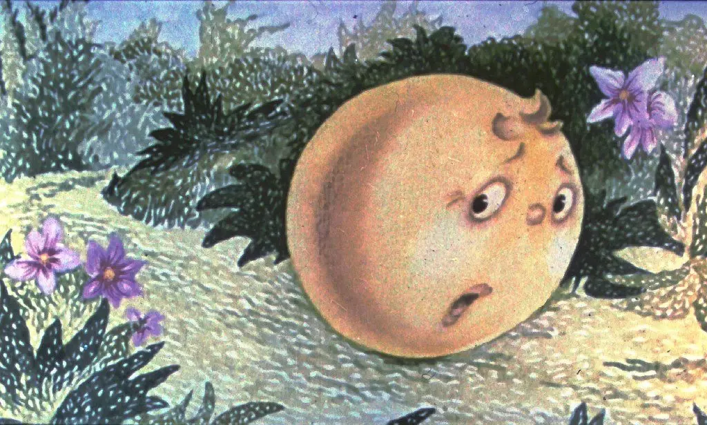 O ilustrație cu un personaj rotund de culoare galbenă, cu o expresie de îngrijorare, așezat pe un drum înconjurat de flori violete și vegetație verde.