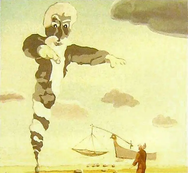 O ilustrație abstractă ce reprezintă o figură de nori cu un chip uman, având brațele întinse, iar în fundal se află o barcă și un om pe plajă.