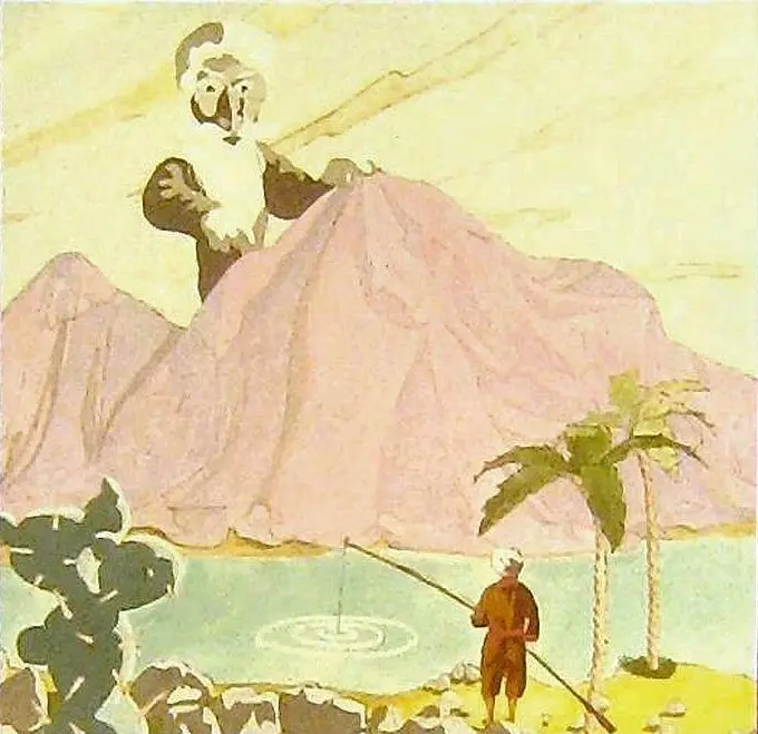 O ilustrație colorată care prezintă o peisaj cu o mare, un pescar și un munte în formă de față, înconjurat de palmieri.