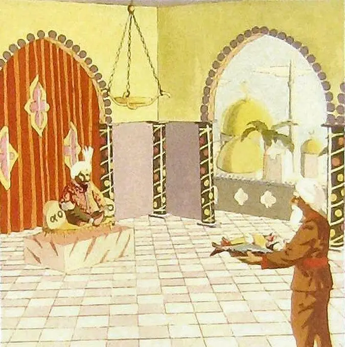 Imagine ilustrativă cu un bărbat într-o cameră decorată în stil oriental, stând pe un piedestal, în timp ce un alt bărbat pregătește un obiect pe o tavă.