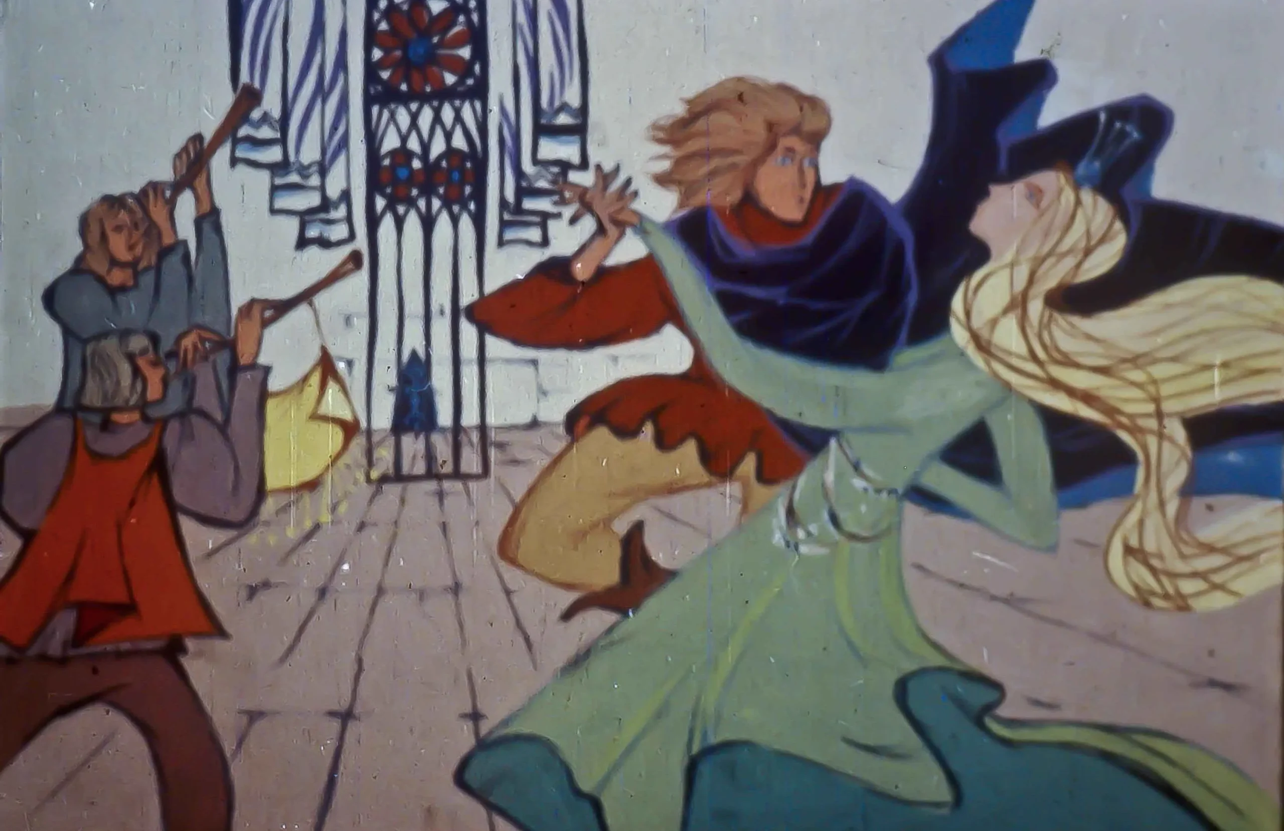 Ilustrație animată cu patru personaje în timpul unui dans.