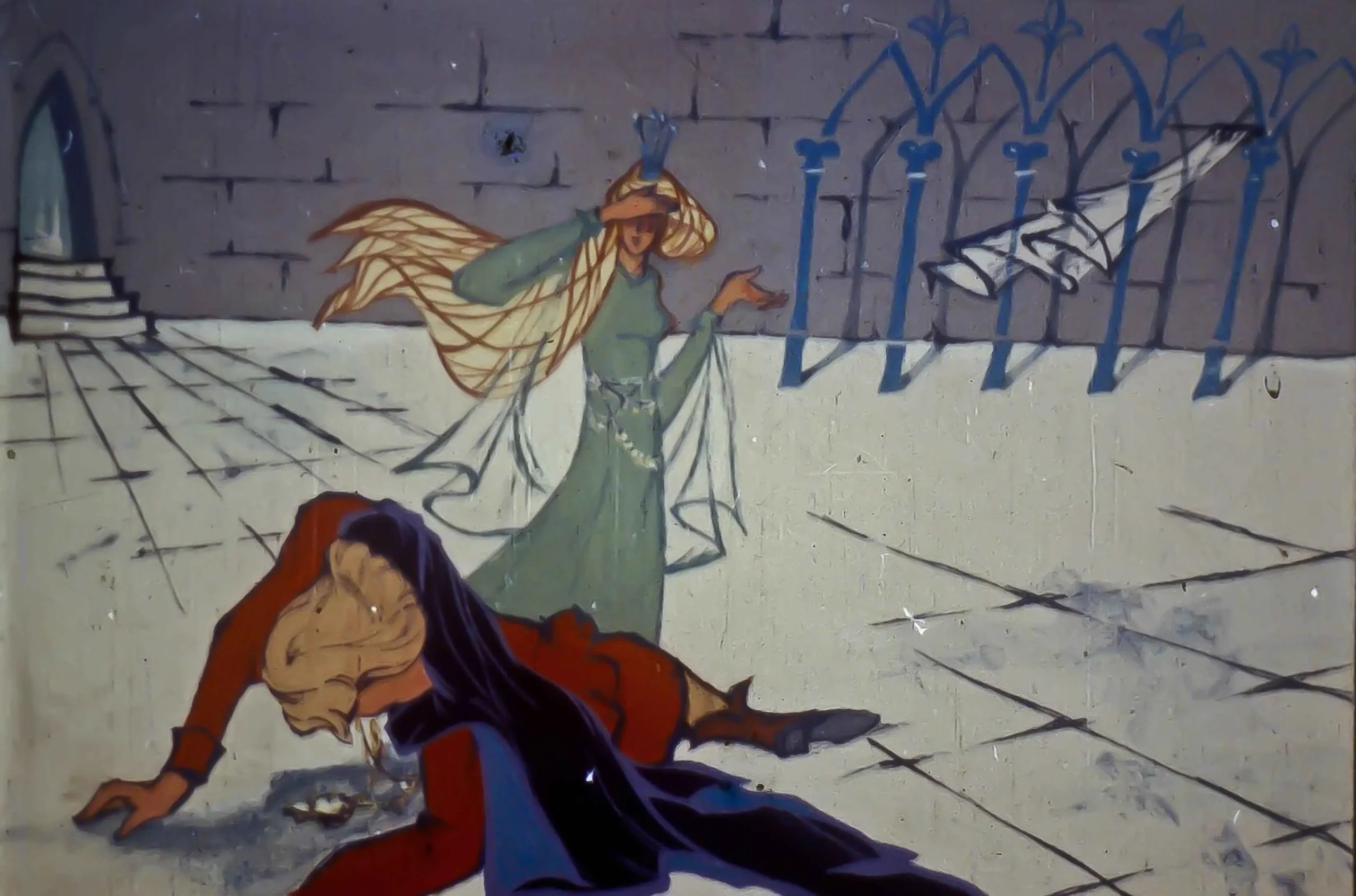 Ilustrație cu personaje dintr-o poveste, un tânăr căzând pe podea, în timp ce o femeie cu păr lung și des își scoate mâinile în aer.