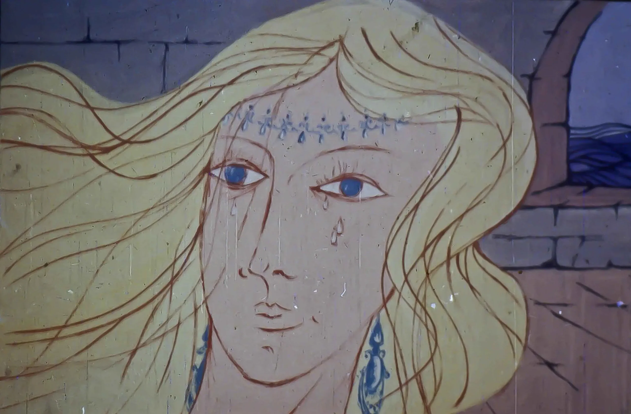 Imagine artistică cu o femeie cu păr lung și des, având o expresie tristă, înconjurată de un peisaj decorativ.