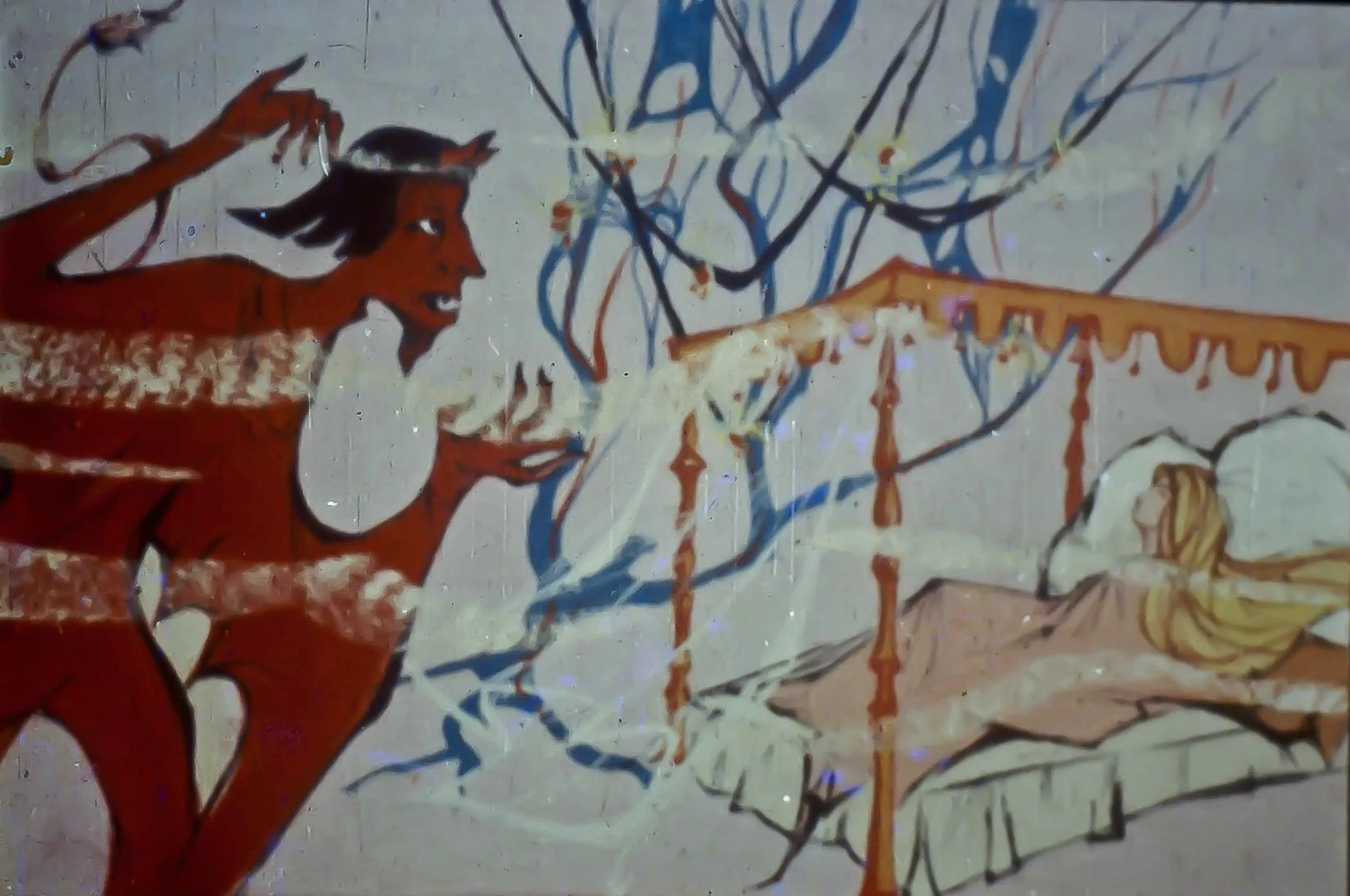 Ilustrație care prezintă o scenă de poveste, cu un demon și o tânără pe un pat, înconjurați de un peisaj fantasatic.