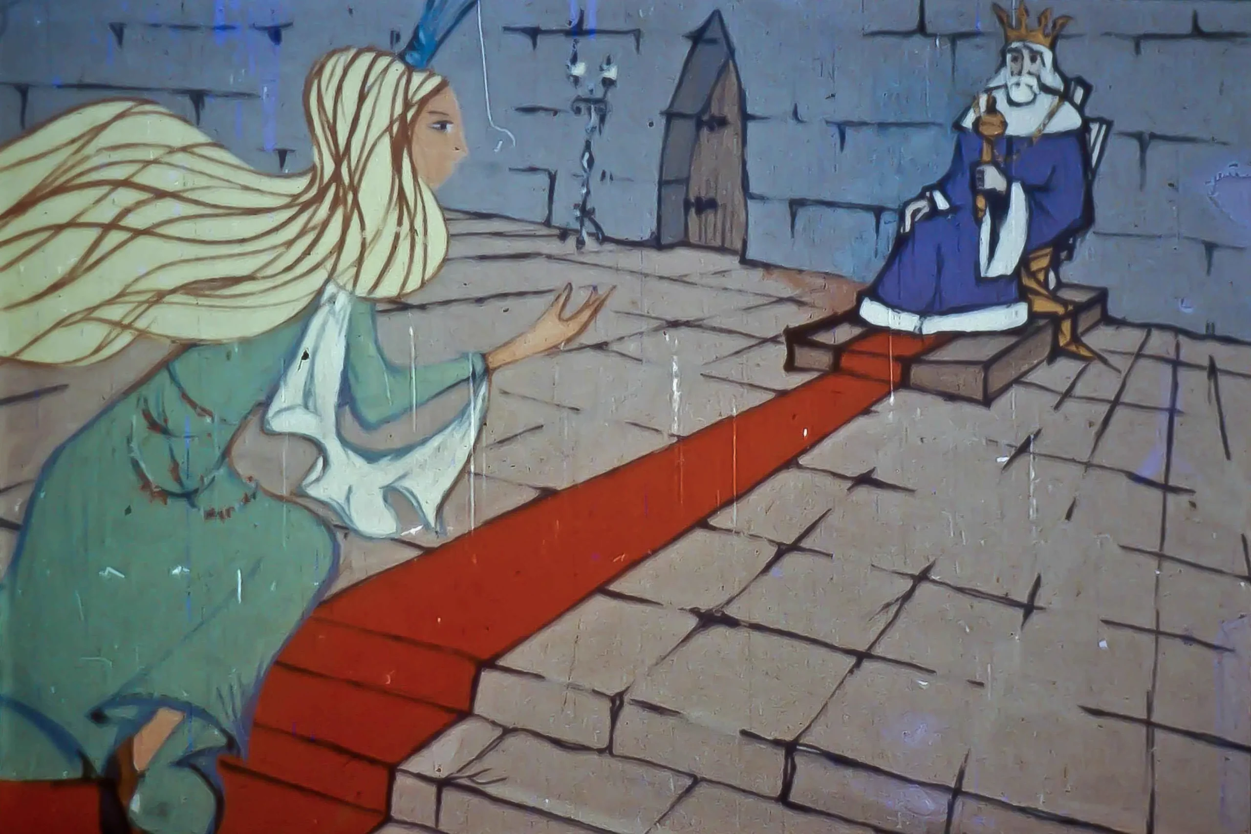 Ilustrație cu o fată care aleargă spre un rege, cu un covor roșu pe podea, în timp ce îi povestește visul.