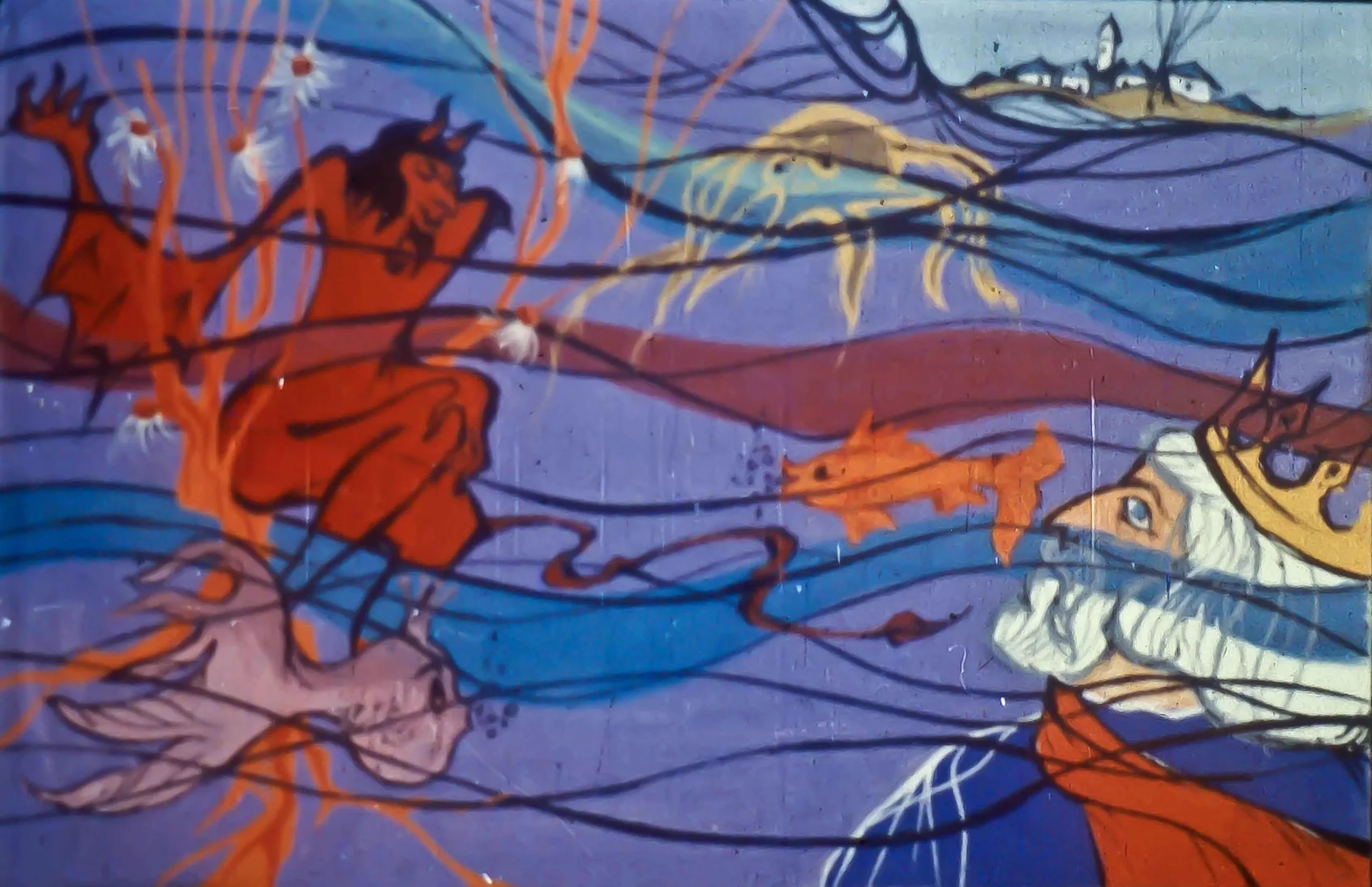 Ilustrație colorată reprezentând un zmeu și un rege, cu un text descriptiv în partea de jos.