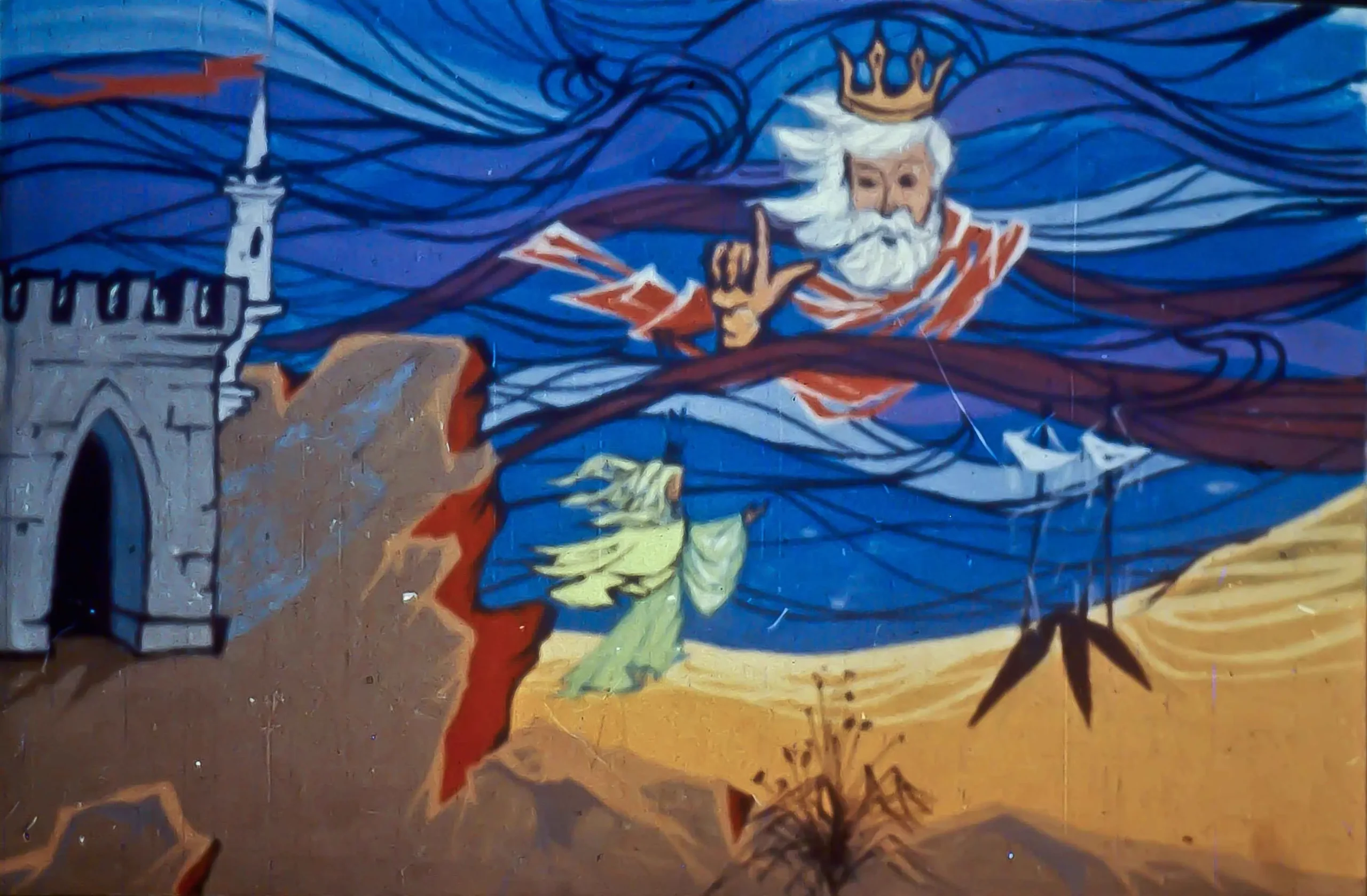 Imaginea prezintă un peisaj cu un bărbat cu barbă purtând o coroană, lângă un castel, însoțit de o figură feminină îmbrăcată în verde, sub un cer albastru.