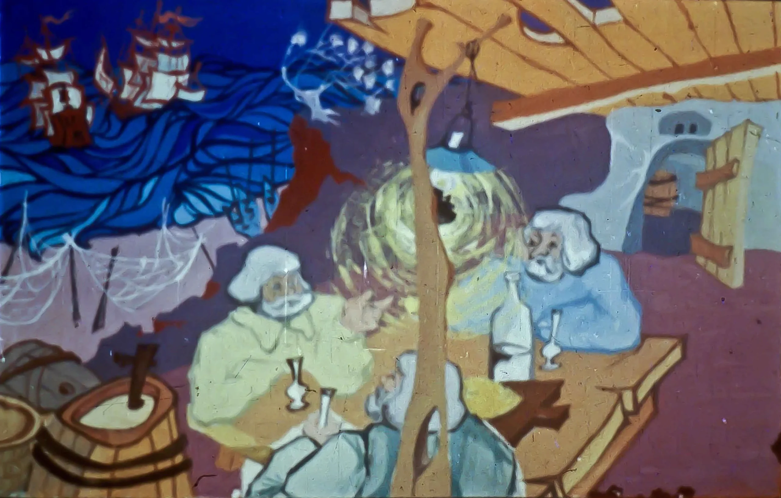 Ilustrație cu bătrâni pescari adunați în jurul unei mese pe malul mării, discutând și povestind, cu un peisaj marin în fundal.