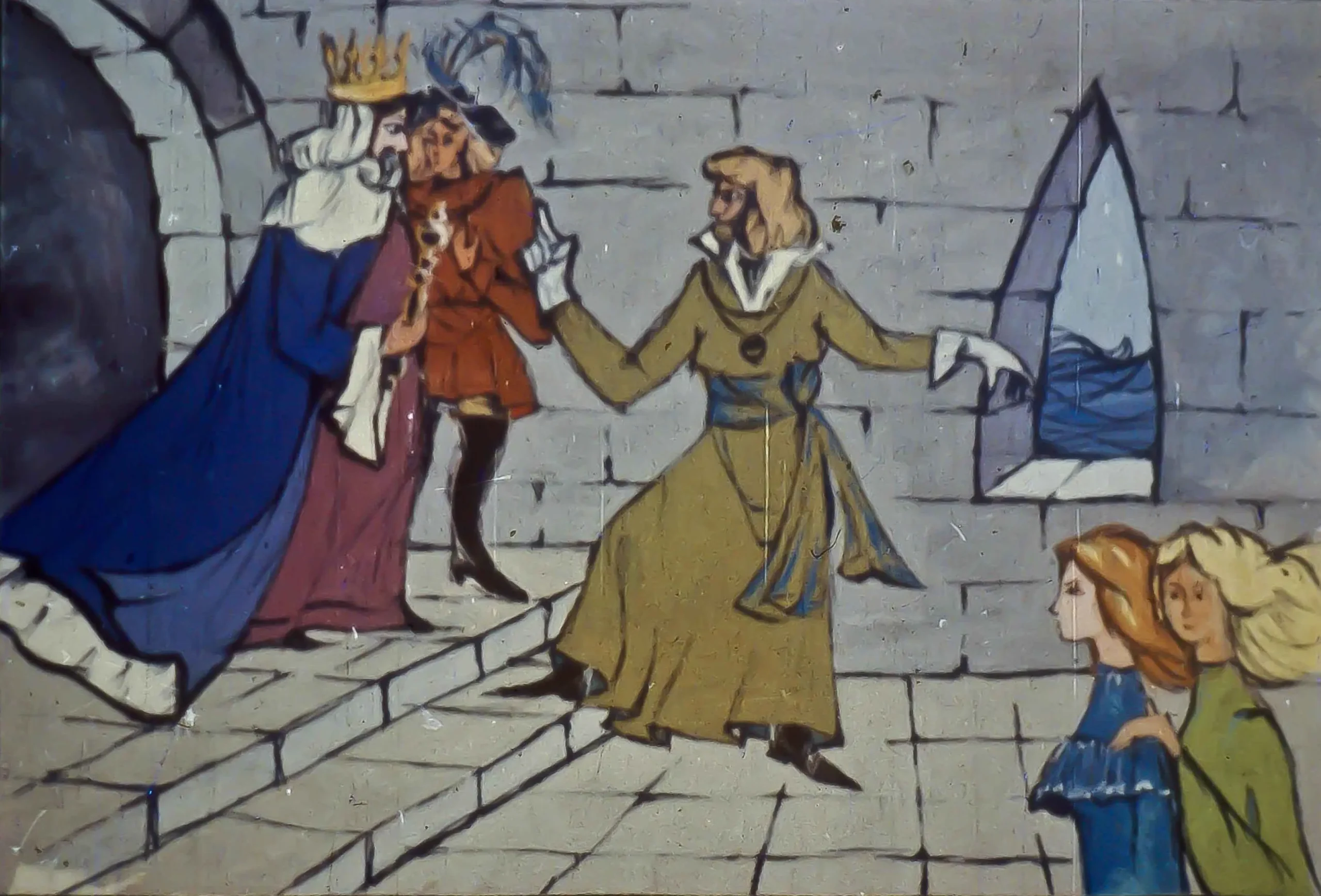 Ilustrație animată reprezentând o scenă de curte, cu un rege și sfetnici care discută despre trimiterea unei alte fete în locul Caliopei.