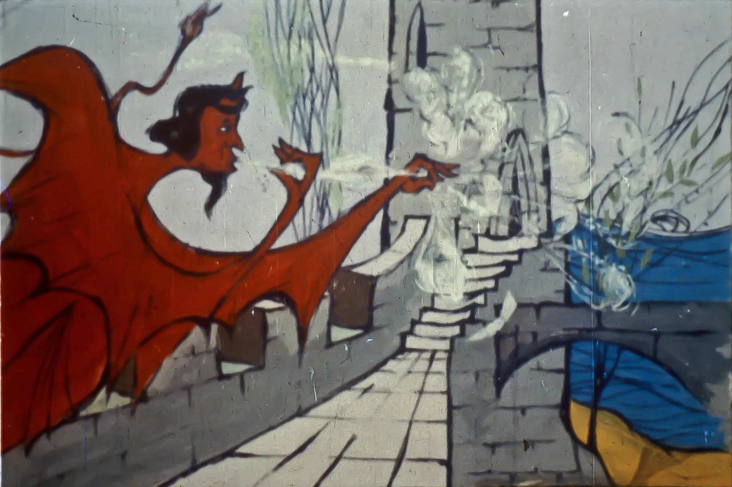 Ilustrație care reprezintă un personaj mitologic dispersând un nor de fum, cu un peisaj de castel și mare în fundal.