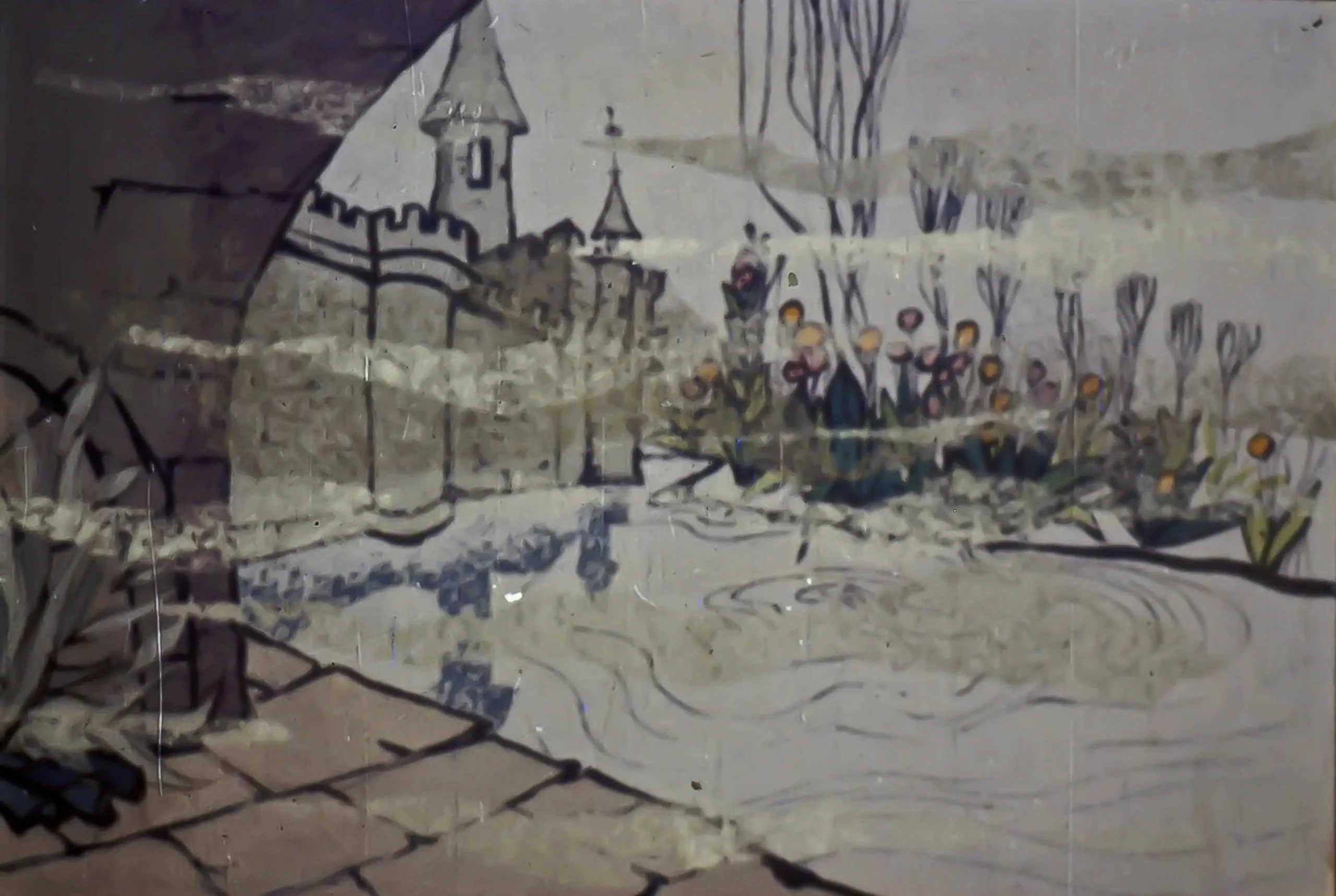 Ilustrație de peisaj cu un castel și flori, cu un text descriptiv în partea de jos.