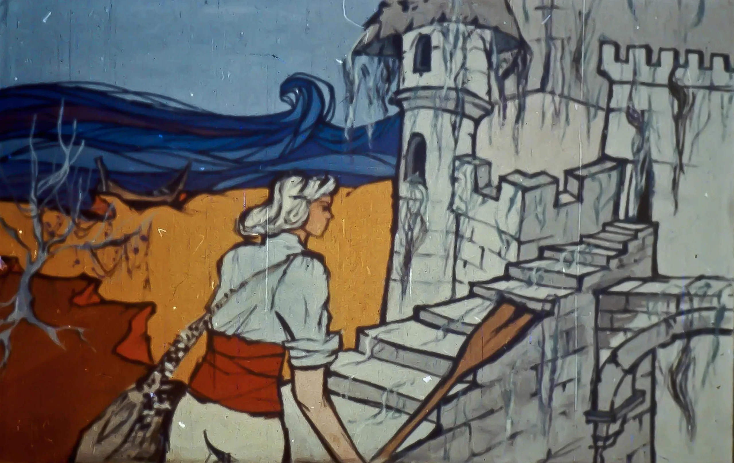 O ilustrație colorată care prezintă o persoană care observă un turn, înconjurată de un peisaj variat.