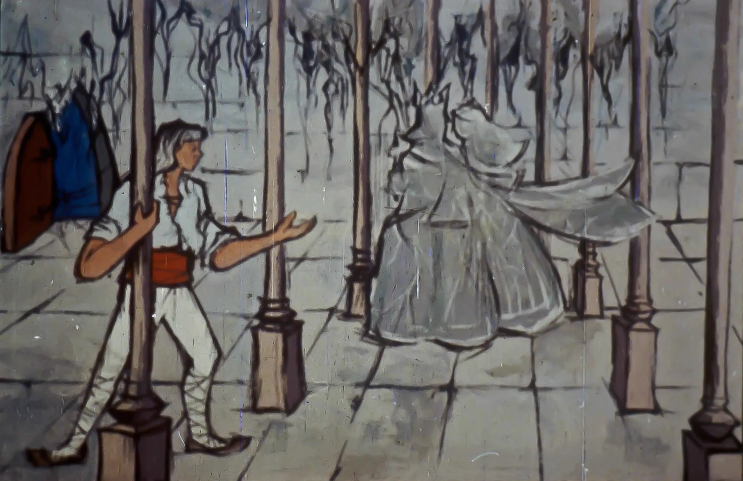 Imaginea ilustrează o scenă dintr-o poveste, cu un personaj care se îndreaptă spre două figuri misterioase.