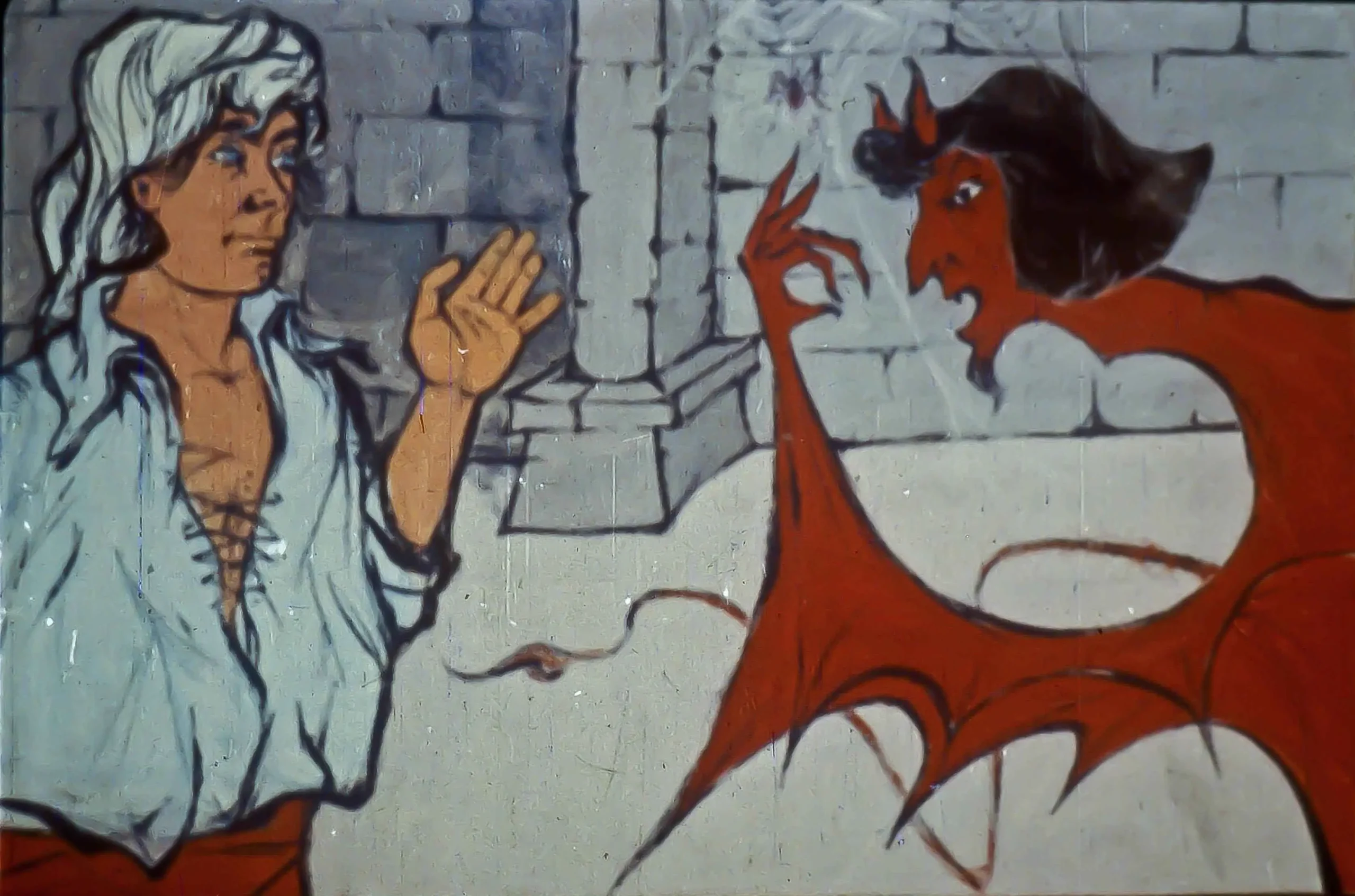 Imagine care ilustrează o scenă dintr-o poveste, cu două personaje, unul uman și unul demon, în fața unei structuri arhitecturale.