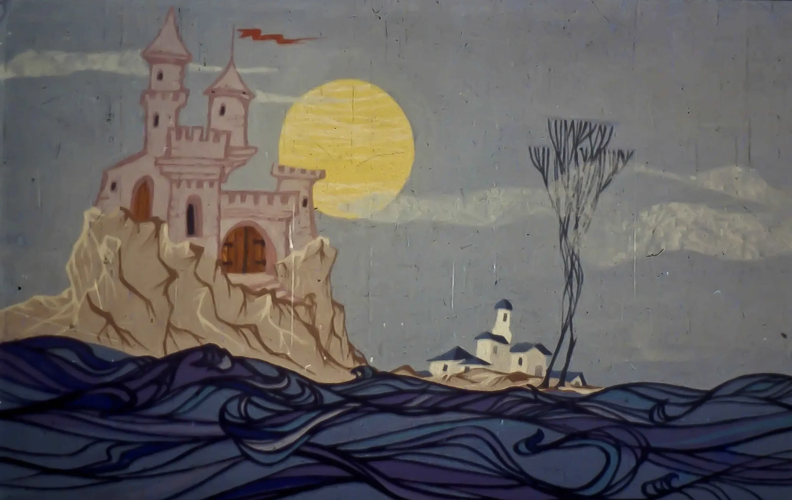 Imagine artistică cu un castel pe o stâncă, sub un soare mare, cu valuri și un peisaj de fundal.