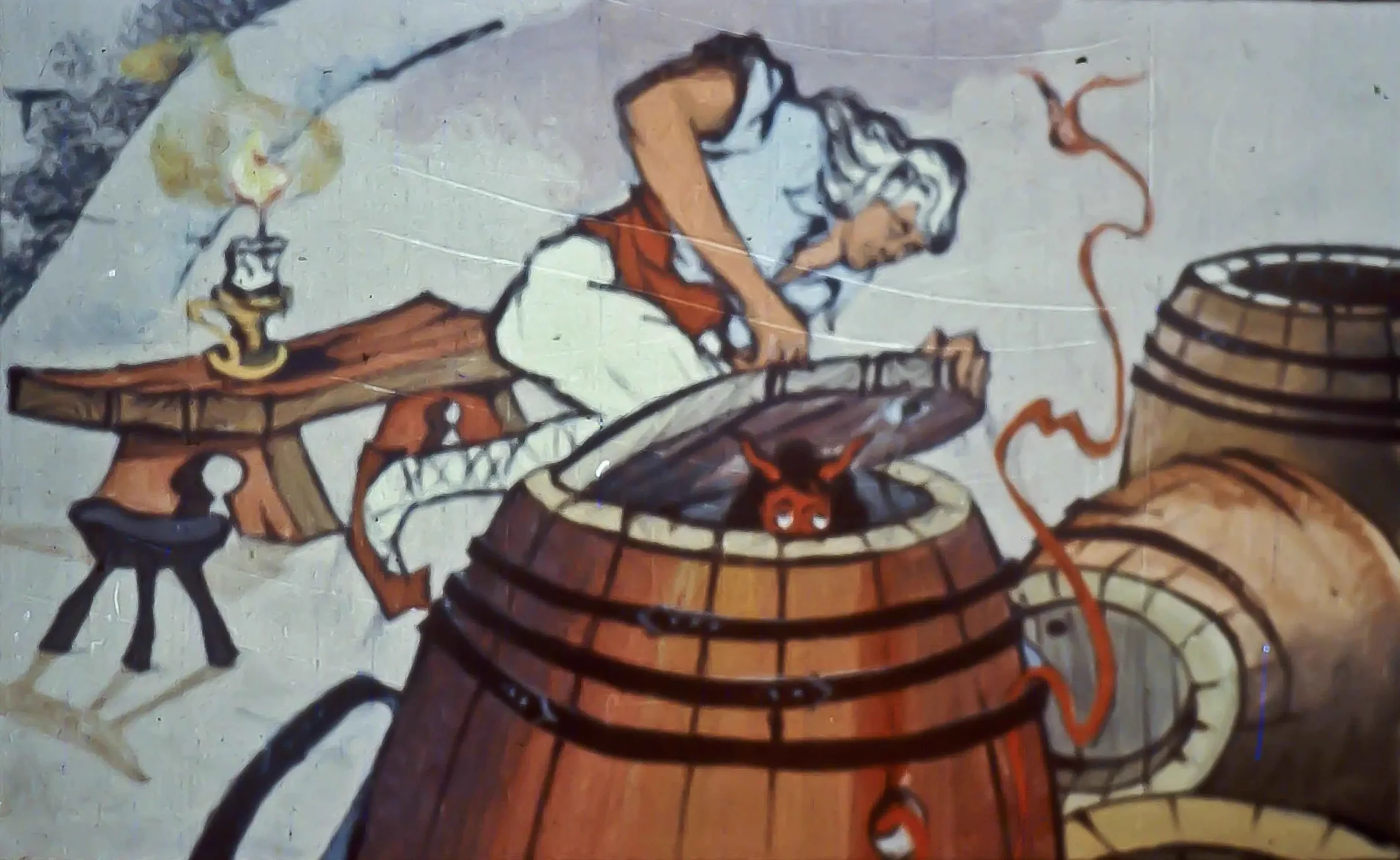 Ilustrație cu un pescar care scoate vin dintr-un butoi, în timp ce altele sunt prezente în fundal.