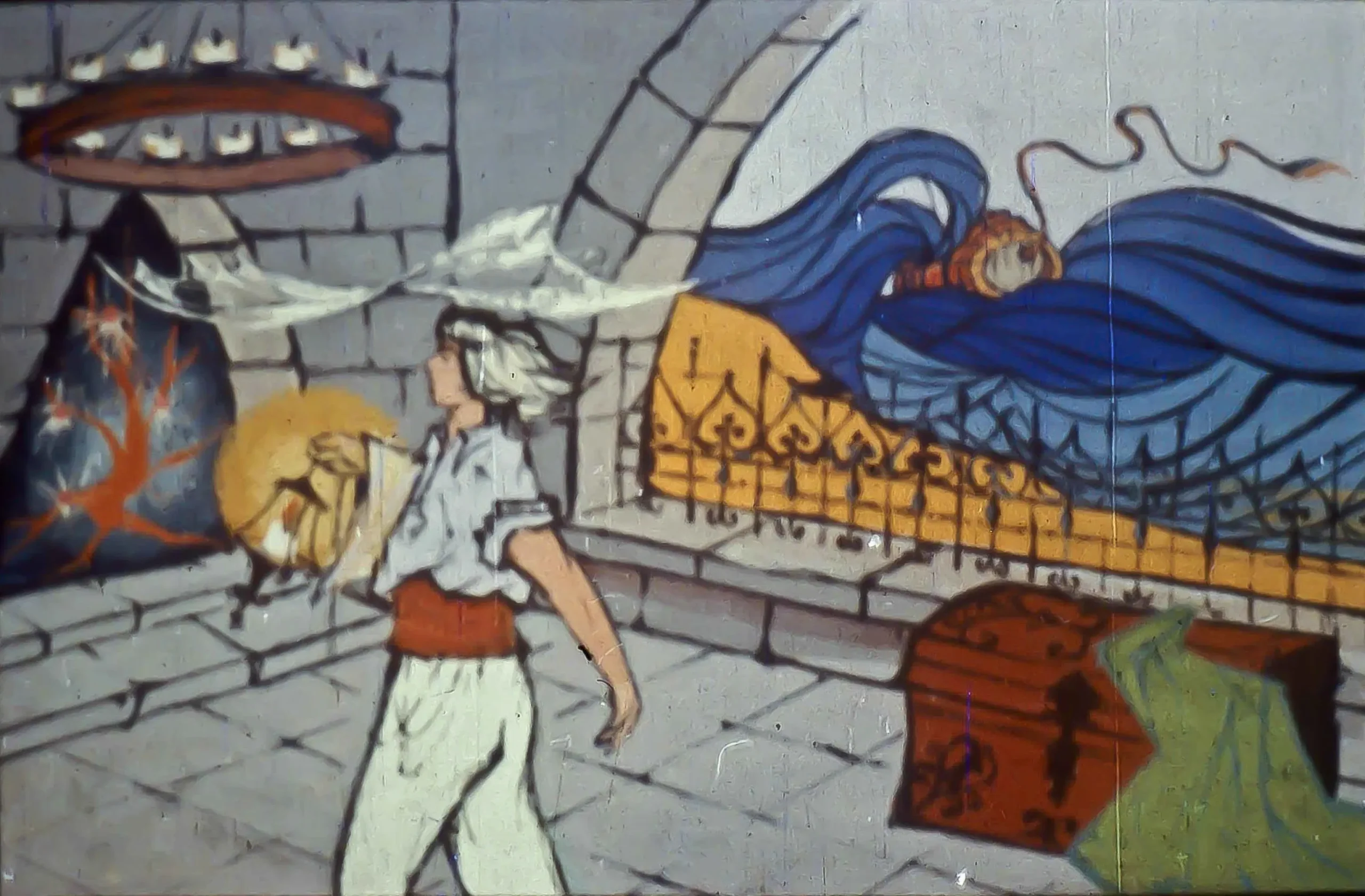 Ilustrație a unui personaj care aruncă un butoi în valuri, trezind un palat decorat cu un copac de mărgean.