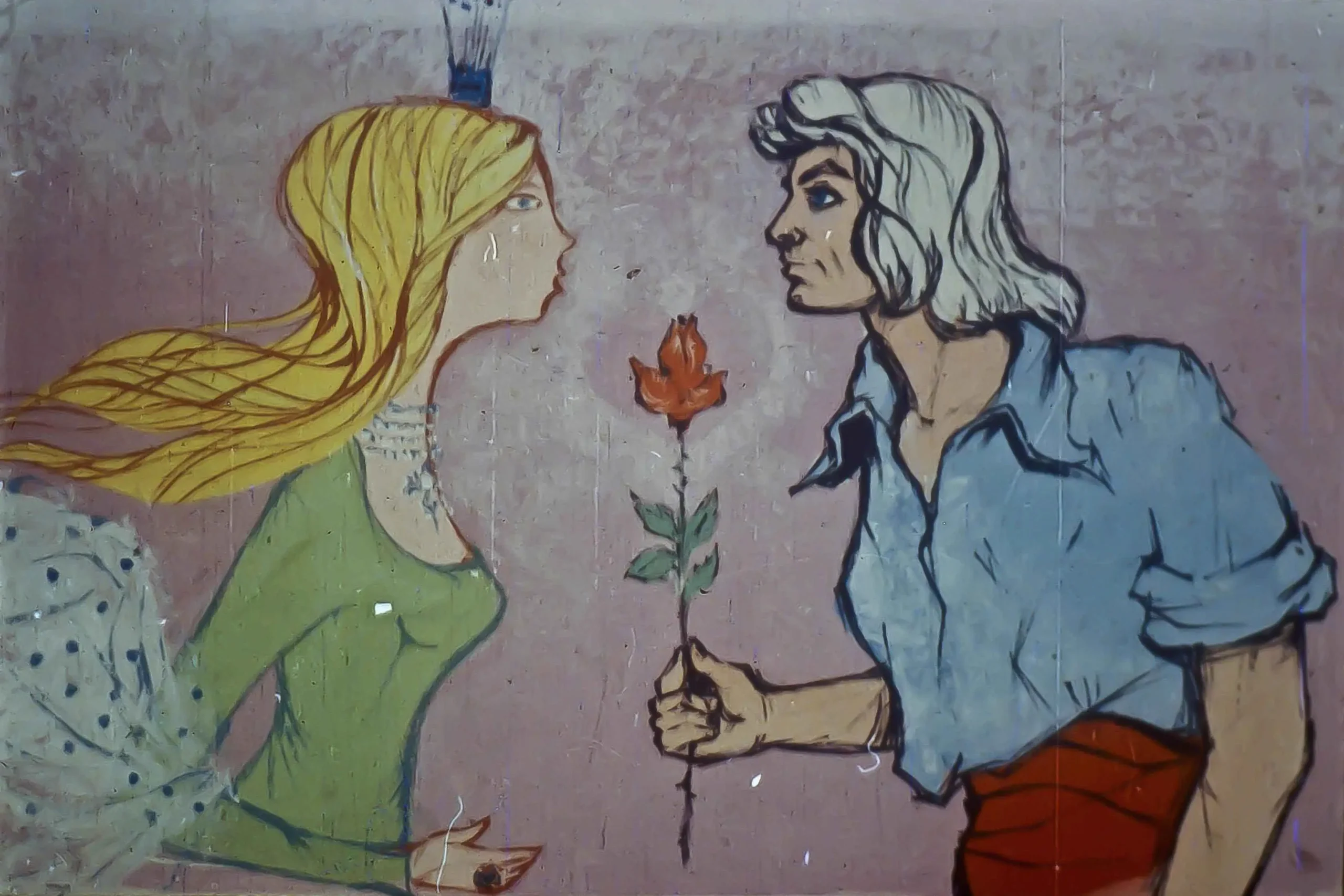 Ilustrație cu un pescar care ține o floare și se uită la o femeie cu păr lung, în timp ce femeia se uită înapoi la el.