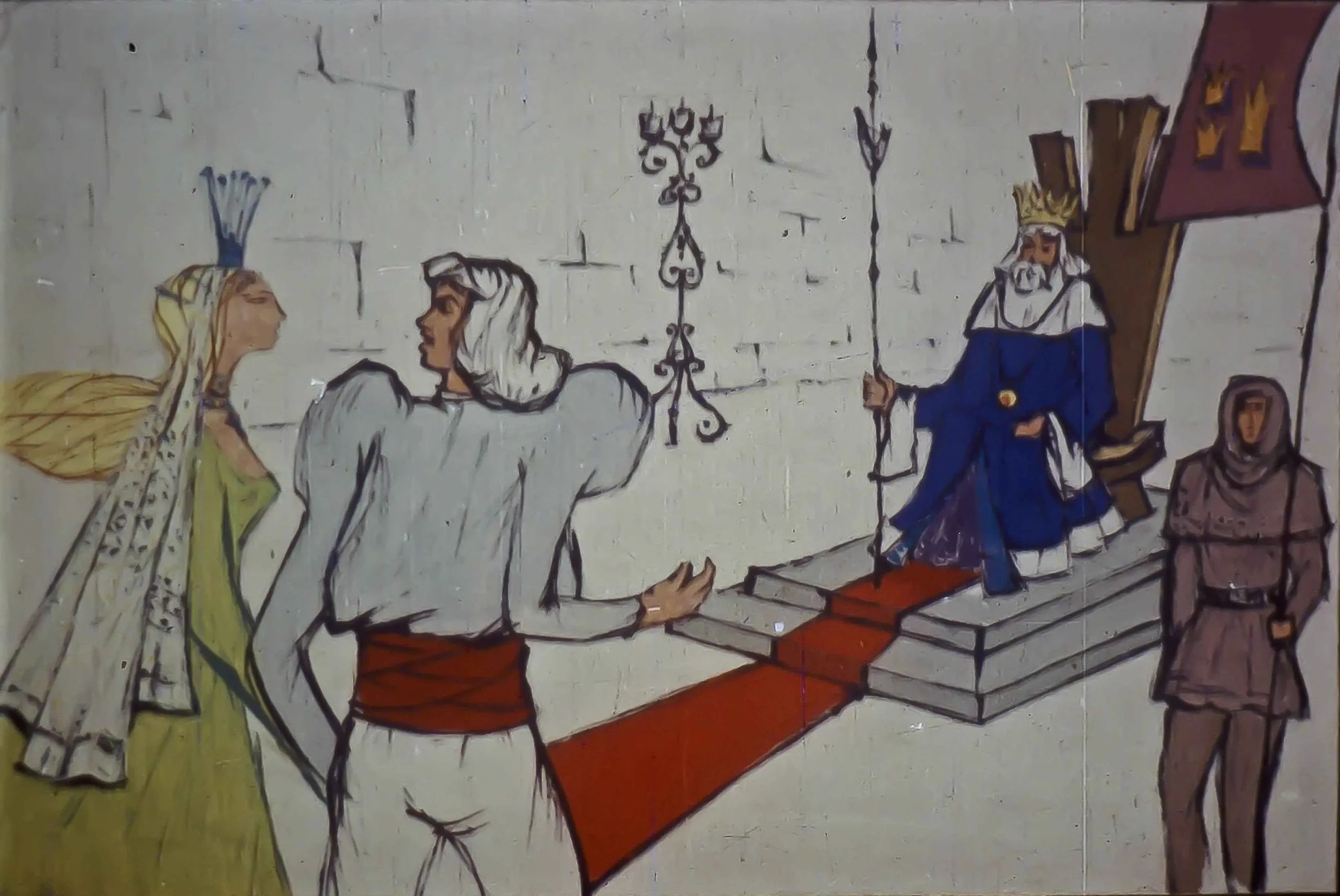 Ilustrare cu un regal șianit, în care un bărbat cere mâna unei fete în fața unui rege.