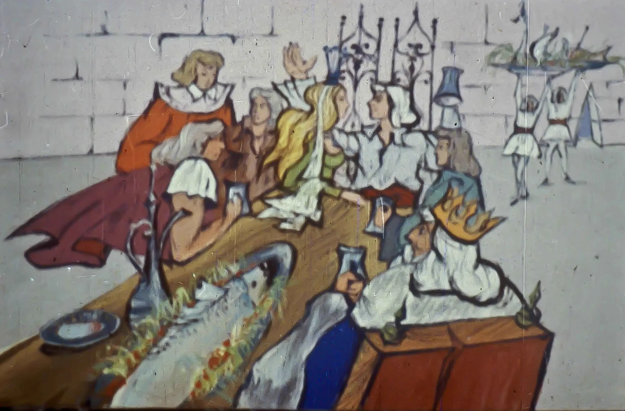 Ilustrație colorată a unei petreceri cu o masă plină de mâncare, participanți care se bucură, și un pește pe masă.