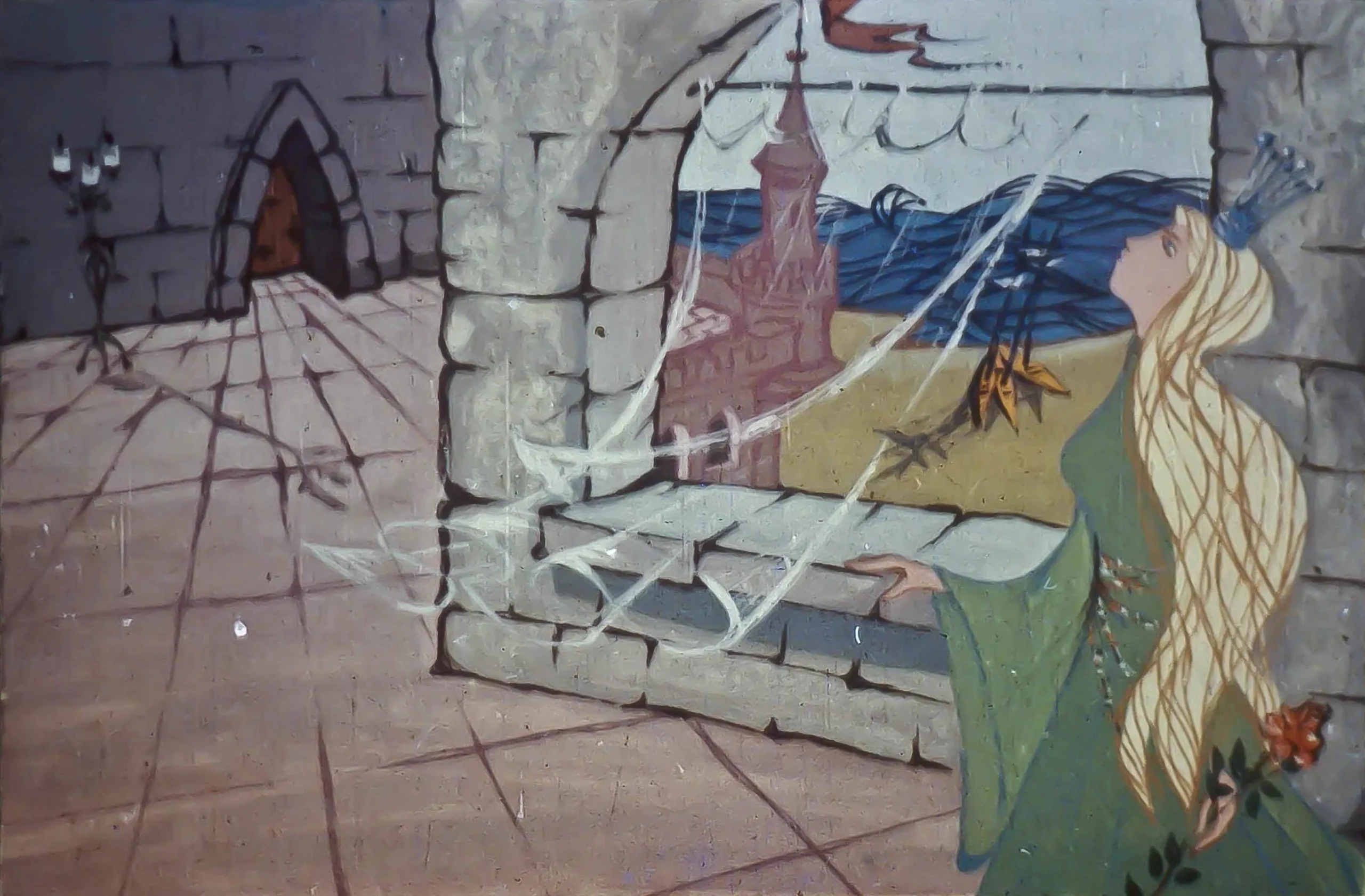 Imagine ilustrează o scenă în care o domniță singuratică privește printr-o fereastră către marea agitată.