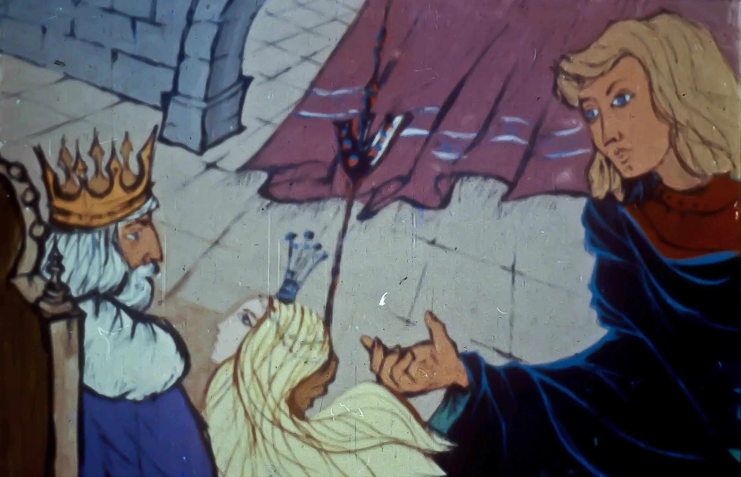 Ilustrație cu un tânăr și un rege, scena arată o conversație despre sacrificiu și dans.