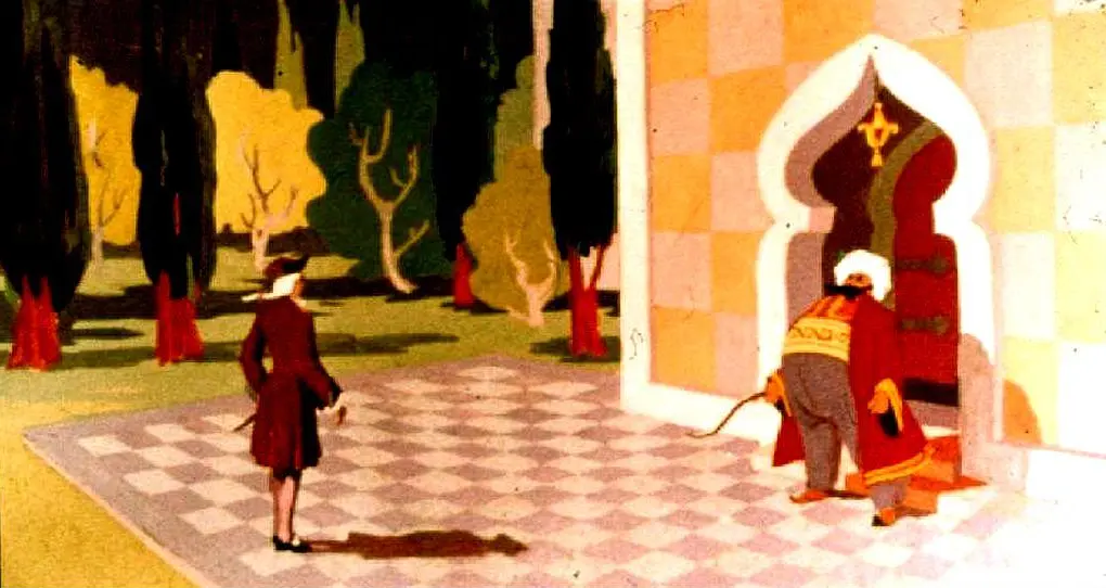 O scenă ilustrativă cu două personaje în fața unei clădiri ornamentate, într-un peisaj cu copaci.