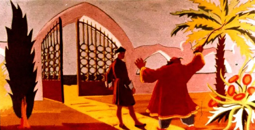 O scenă ilustrată cu două personaje, unul în apropierea porților deschise, iar altul gesticulând într-un peisaj cu palmieri și vegetație.