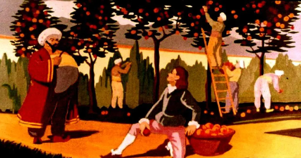 O ilustrație vibrantă care prezintă mai multe persoane lucrând într-o livadă, un bărbat stând pe pământ cu o mână plină de fructe, în timp ce alții culeg fructe din copaci.