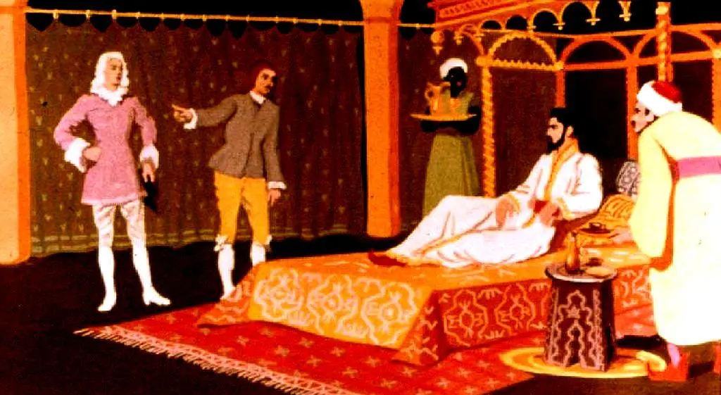 O ilustrație animată care prezintă un decor oriental, cu patru personaje: doi bărbați stând, unul așezat pe un pat, iar celălalt gesticulând, și două femei în fundal, una purtând o tavă.