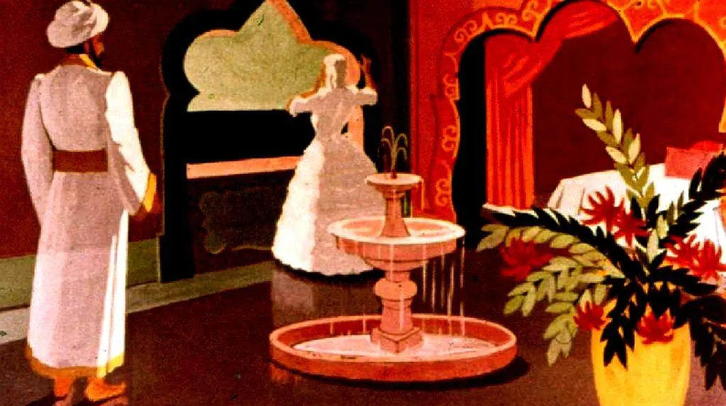 Ilustrație colorată cu un bărbat îmbrăcat în alb privind o femeie îmbrăcată în rochie albă într-o cameră cu o fântână și plante decorative.
