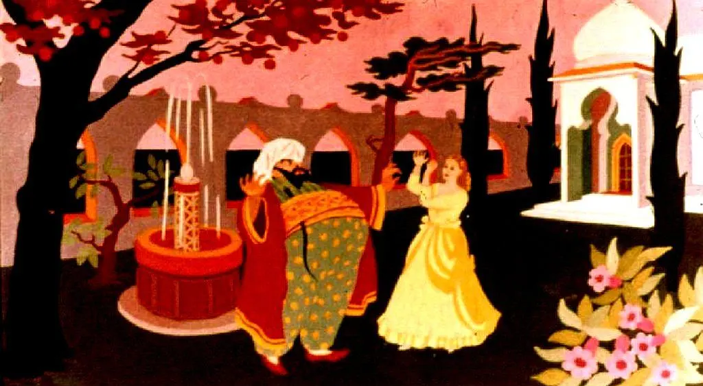 O scenă colorată cu un bărbat și o femeie dansând într-un peisaj cu un fântână, clădiri și copaci, în stil artistic, plin de culori vii.