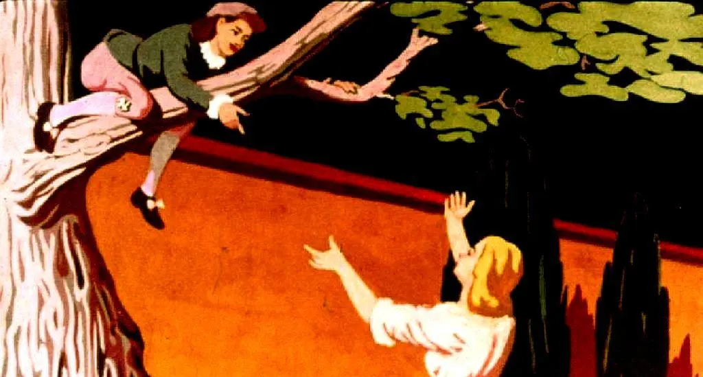 O scenă ilustrată cu un băiat în copac care întinde mâna spre o fată aflată jos, într-un peisaj simplist.