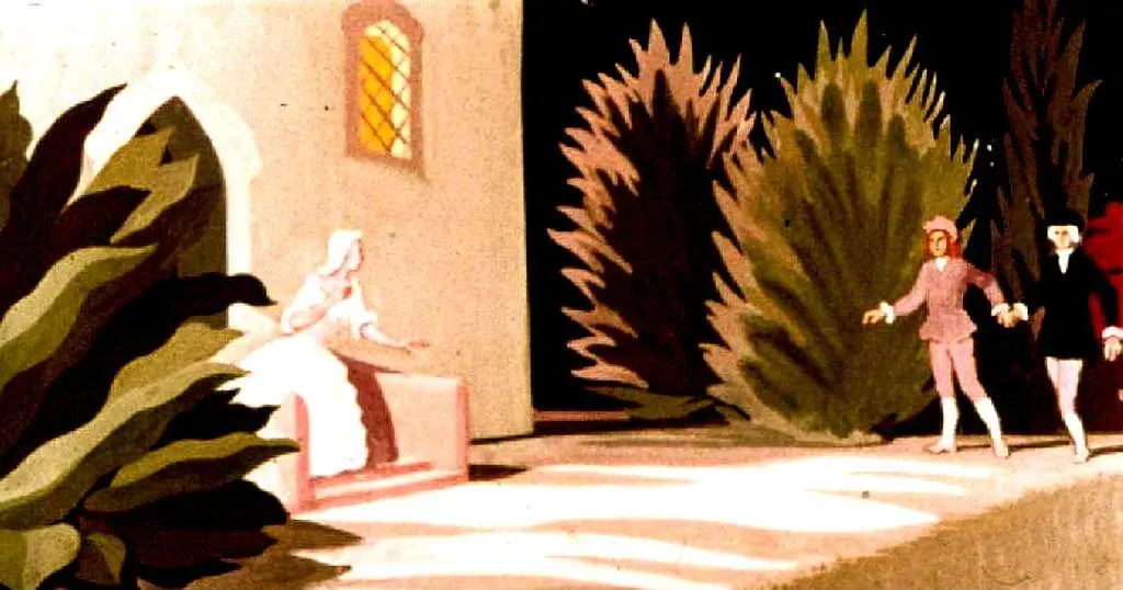 Ilustrație artistică cu o femeie pe o bancă într-o grădină, înconjurată de arbuști, iar doi bărbați se îndreaptă spre ea.