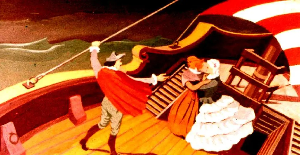 O scenă animată pe un vas, cu un bărbat în costume de epocă care îi oferă mâna unei femei elegante, în timp ce o altă femeie cu o rochie albă se află alături, pe o mare agitată.