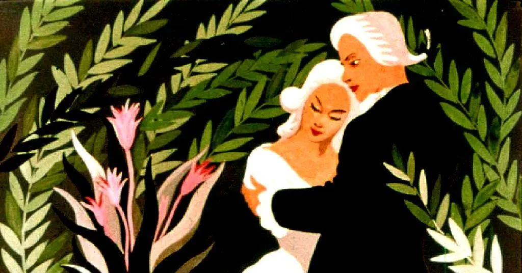 Ilustrație artistică a unei perechi îmbrăcate elegant, înconjurată de plante verzi și flori.