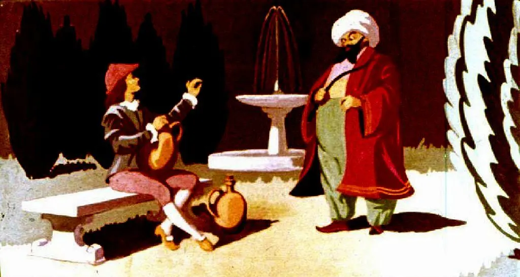 Ilustrație colorată cu două personaje într-un parc, unul cântând la instrumente muzicale iar celălalt îmbrăcat în haine tradiționale, lângă o fântână.