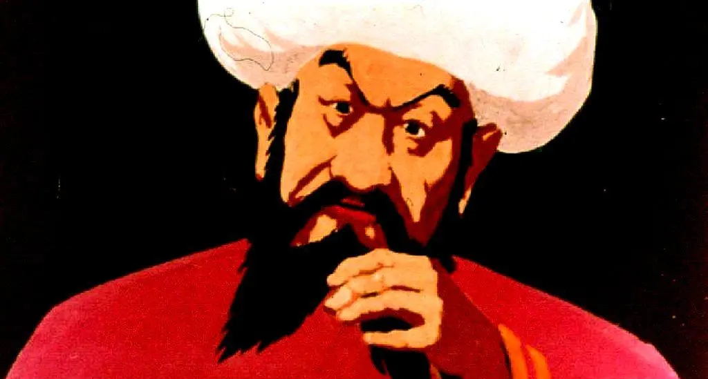 Ilustrație a unui bărbat cu barbă și turban, având o expresie facială contemplativă.