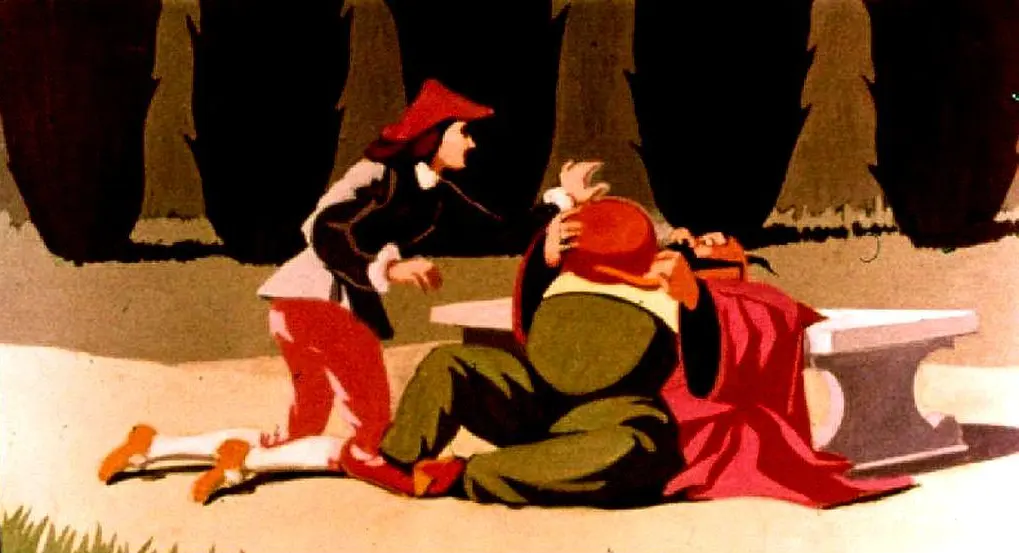 Imagine animată cu două personaje, unul căzând pe un băncuță și celălalt ridicându-se spre el într-o scenă de interacțiune.