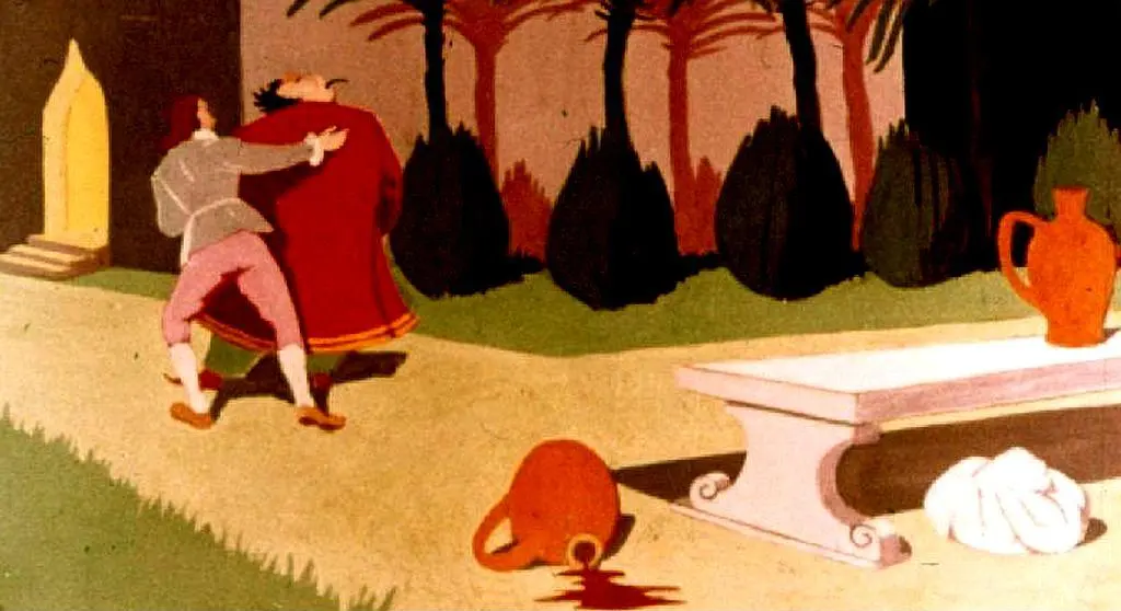 Ilustrație animată cu doi bărbați într-un peisaj, unul îmbrăcat în roșu și celălalt în gri, în timp ce lângă ei se află un recipient de ceramică și un obiect necunoscut, totul înfățișat pe un fundal desenat.