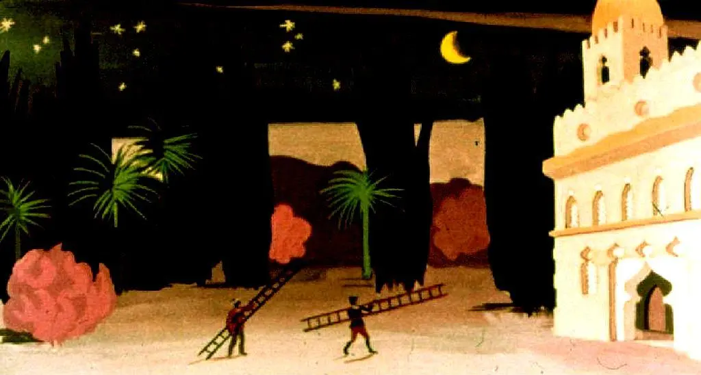 O ilustrație colorată cu un peisaj nocturn, în care se văd două personaje care folosesc scări lângă o clădire de tip fortăreață și vegetație tropicală, cu stele și o lună pe cer.