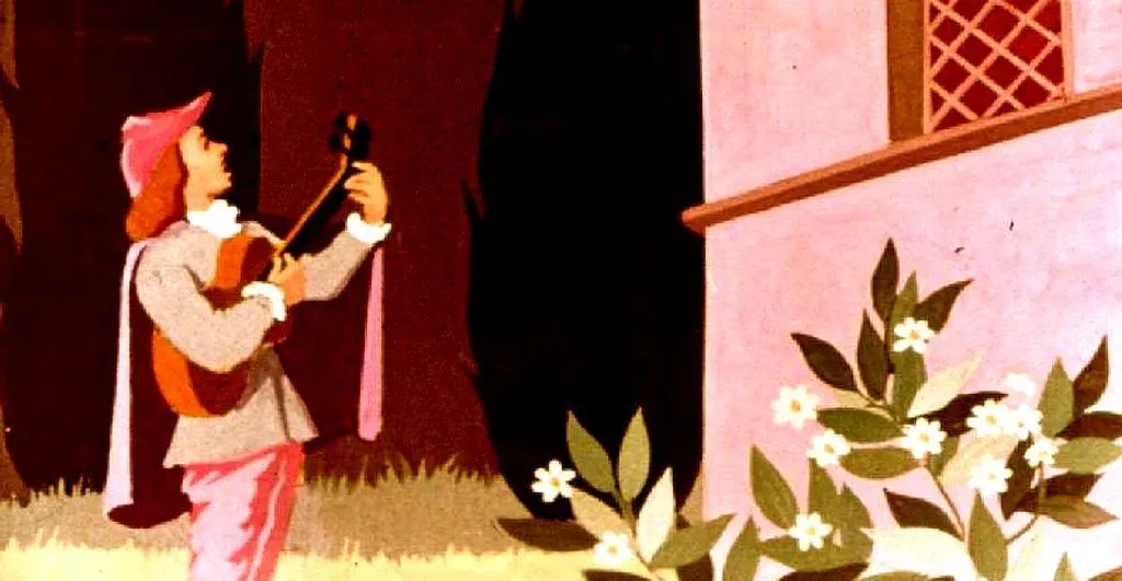 O ilustrație colorată cu un bărbat cântând la chitară în fața unei clădiri, cu flori albe și frunze în prim-plan.