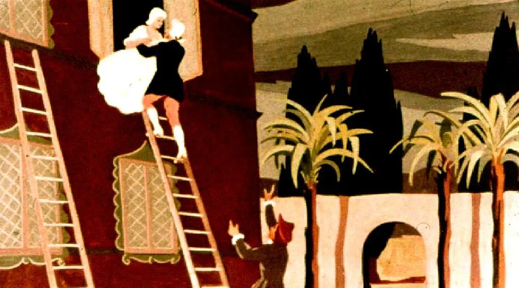 O ilustrație artistică reprezentând o scenă de evadare, cu o femeie în rochie albă care coboară pe o scară dintr-o fereastră, în timp ce un bărbat îmbrăcat în negru o ajută, iar un alt bărbat îmbrăcat în roșu o observă de la baza clădirii.