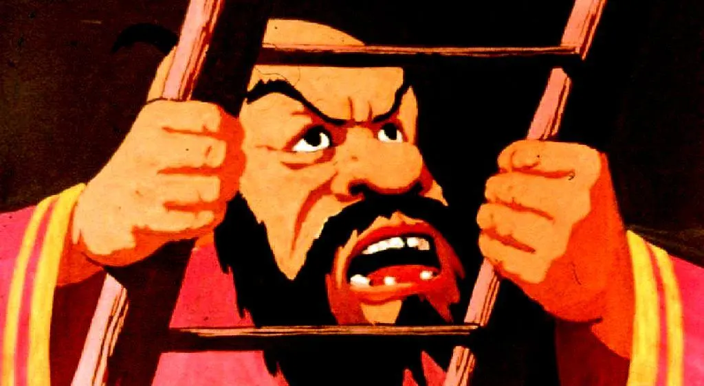 Ilustrație animată a unui bărbat cu o expresie furioasă, ținând o scară.