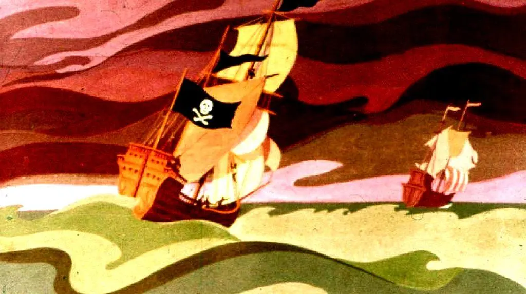 Imagine cu două nave de pirați navigând pe un fond colorat de mare și cer.