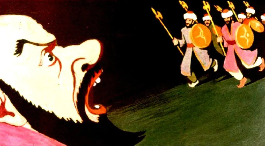 O scenă animată în care un bărbat strigă, în timp ce soldați cu scuturi și sulițe se îndreaptă spre el.